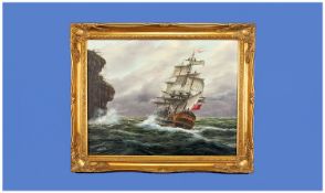 Keith Sutton 1924-1991. 19th Century English Warship of the coast in rough seas. Oil on canvas.