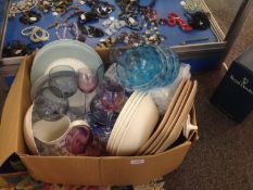 Box Of Modern Ceramics & Household Items including large coloured wine glasses, plates, glass bowls