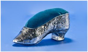 Dutch 19th Century Silver Plated Pin Cushion in the form of a ladies shoe. With embossed cherub