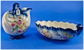 Porcelain Decorative Water Bowl and Jug, pink and yellow floral decoration with blue wavy rim.