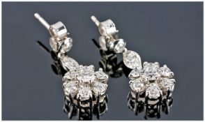 Pair Of 18ct White Gold Diamond Drop Earrings, Each Set With A Cluster Of Round Modern Brilliant