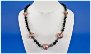 Jet Black Faceted Bead Necklace Interspaced With Cloisonne Enamelled Baubles, Length 20 Inches