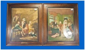 A Pair Of Coloured Prints, after Wheatly, Titled `Industry and economy of idleness`. In oak frames.