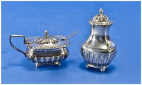 A Silver Part Cruet Set, 2 Pieces. Comprises pepperette and mustard pot. Also with ribbed half