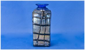 Loetz Type Blue Square Shaped Glass Vase, with tube lining applied web type decoration interlaced