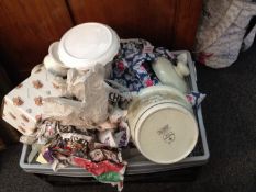 Box of Miscellaneous Ceramics, including wedgwood, Royal Doulton, metal tins etc.