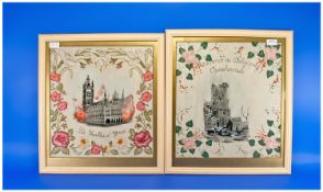 A Pair of Unusual 1914-1918 WW1 Embroidered Pictures on Silk, one depicting the bombed church at