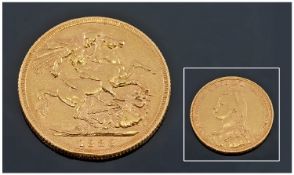 Victoria Bun Head 22ct Gold Full Sovereign London Mint. Date 1888. E.F. condition.