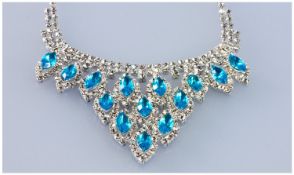 Teal Blue Marquise and Clear Crystal Necklace and Earrings, the necklace with a V shaped, bib style