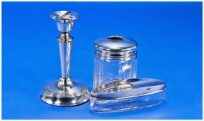 A Collection Of Silver Items, 3 In Total. Comprises; 1, Silver Dwarf Candlestick, hallmark London