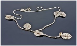 Modern Silver Designer Necklace Of Naturalistic Leaf Form