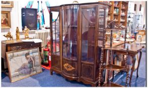 Edwardian Mahogany Display Cabinet, Shaped And Glazed Inlaid Front, Raised On Short Square Legs (