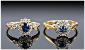 18ct & 9ct Gold Dress Rings, Both Set With A Central Sapphire Surrounded By Round Cut Diamonds,