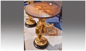 French Style Inlaid Floral Front Wood Side Table, supported by a gilded figure of a young girl.
