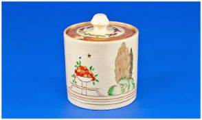 Clarice Cliff Lidded Preserve Pot `Napoli` Design. 1930`s. Stands 3.75 inches high. Lid over