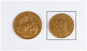 Victorian 22ct Gold Bun Head Full Sovereign, Date 1891 London Mint. VF-EF condition. 7.99 grams.