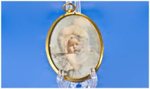 Portrait Miniature On Ivory, Depicting A Young Baby. 67 x 54mm Yellow Metal Frame.