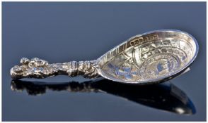 A Heavy Quality 19th Century Silver Caddy Spoon. The bowl decorated with a caribou below a cross