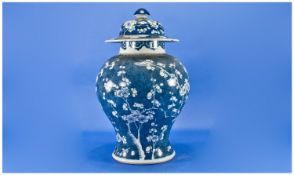 19thC Chinese Blue And White Vase And Cover, Painted with Prunus Branches Bearing Blossoms And Buds