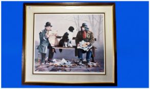 Pair of Larry Rushton Limited signed prints. `Tramps on Benches` pencil signed to the margins.