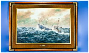 Keith Sutton 1924-1991 Oil on Board Titled ``Nothfleet Traveller in Rough Seas. Signed. Size 20 by