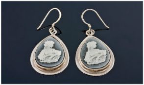 Pair Of Silver Cameo Earrings, Both Showing Flower Sellers, Stamped 925, 30 x 20mm, Complete In