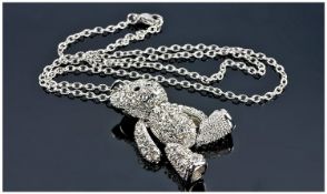 Butler & Wilson Style Crystal Teddy Bear Pendant, with articulated arms and legs, the front covered