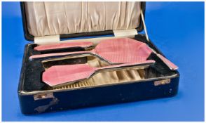 Early 20th Century Boxed Set on Plated and Pink Enamel Hand Mirror and Blush Set. 4 piece.