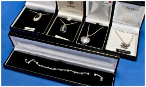Five Items Of Silver Jewellery, Comprising CZ Set Line Bracelet, Heart Shaped Locket And Chain,