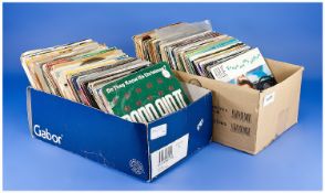Vinyl Singles Records, 45 RPM. Nearly 200 records in 2 boxes. 1970`s/1980`s. Used condition.