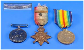 World War I Trio Of Medals Awarded To M5-770 PTE W.N. Craven ASC. 1, 1914 bronze star with bar and