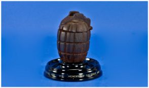 Trench Art British Hand Grenade on Ceramic Base. Memento of The Great War 1914-1918. Actual hand