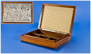 Fitted Mahogany Dutch Jewellery Box, with a finely cast silvered metal top depicting rembrants last