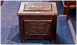 Oak Carved Storage Box With Hinged Lid Depicting A Sailing Boat, The Front With Shield Shaped