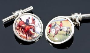 Pair Of Gents Silver Cufflinks, Circular Fronts With Image Of A Hunting Scene, Stamped 925,