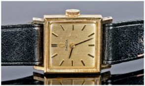Ladies 9ct Gold Omega Wristwatch, Gilt Dial With Baton Numerals, Manual Wind 17 Jewel Movement,
