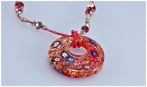 Murano Glass Millefiori Pendant Necklace, the circular pendant having gold and silver aventurine