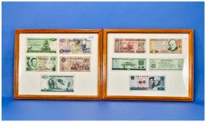 2 Framed Collections Of Bank Notes, One Containing Peruvian And Chinese Notes Plus Foreign Exchange