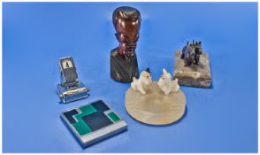 Misc Box Containing A Paperweight And Ashtray Surmounted With Dog Figures, Small Chrome Desk