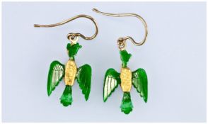Pair Of Yellow Metal Drop Earrings In The Form Of Stylised Birds, The Fronts Set With Green Jadeite