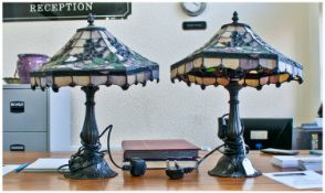 Pair Of Tiffany Style Table Lamps. Predominantly black with lilac and cream decoration. 19 inches