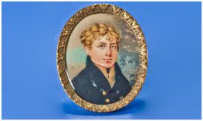 19thC Portrait Miniature On Ivory, Depicting A Young Man, Wearing Black, Posiably Military. 67 x