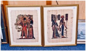 Two Egyptian `Luxor` Painted Pictures On Parchment, Both Glazed And Framed. 17 x 12 Inches.