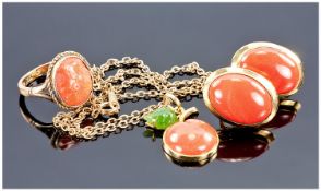 18ct Gold Mounted Coral And Jadeite Stone Pendant, Height 22mm. Suspended On A Gilt Chain. Together