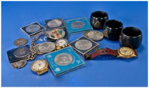 Small Misc Lot Of Commemorative Crowns, Three Wristwatches A/F And Three Napkin Rings etc.