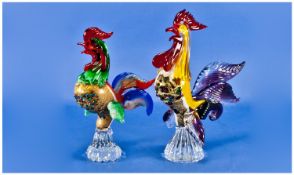 Murano Handmade Venetian Art Fine Glass Multi coloured Figures of Cockerels, 2 in total. Each with
