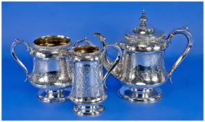 Victorian Three Piece Silver Tea Set, With Geometric Aesthetic Engraved Design And Moulded Edges,