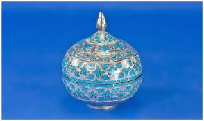 An American Sterling Silver and Enamel Dressing Table Box. Spherical shape with finial and