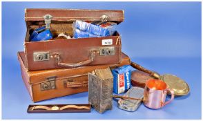 Old Leather Case with assorted collectables including copper  mug, small copper bed pan, brass bed