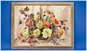 Phyllis Irene Hibbert Still Life Painting In Watercolour, entitled `Zinias And Yellow Roses`,